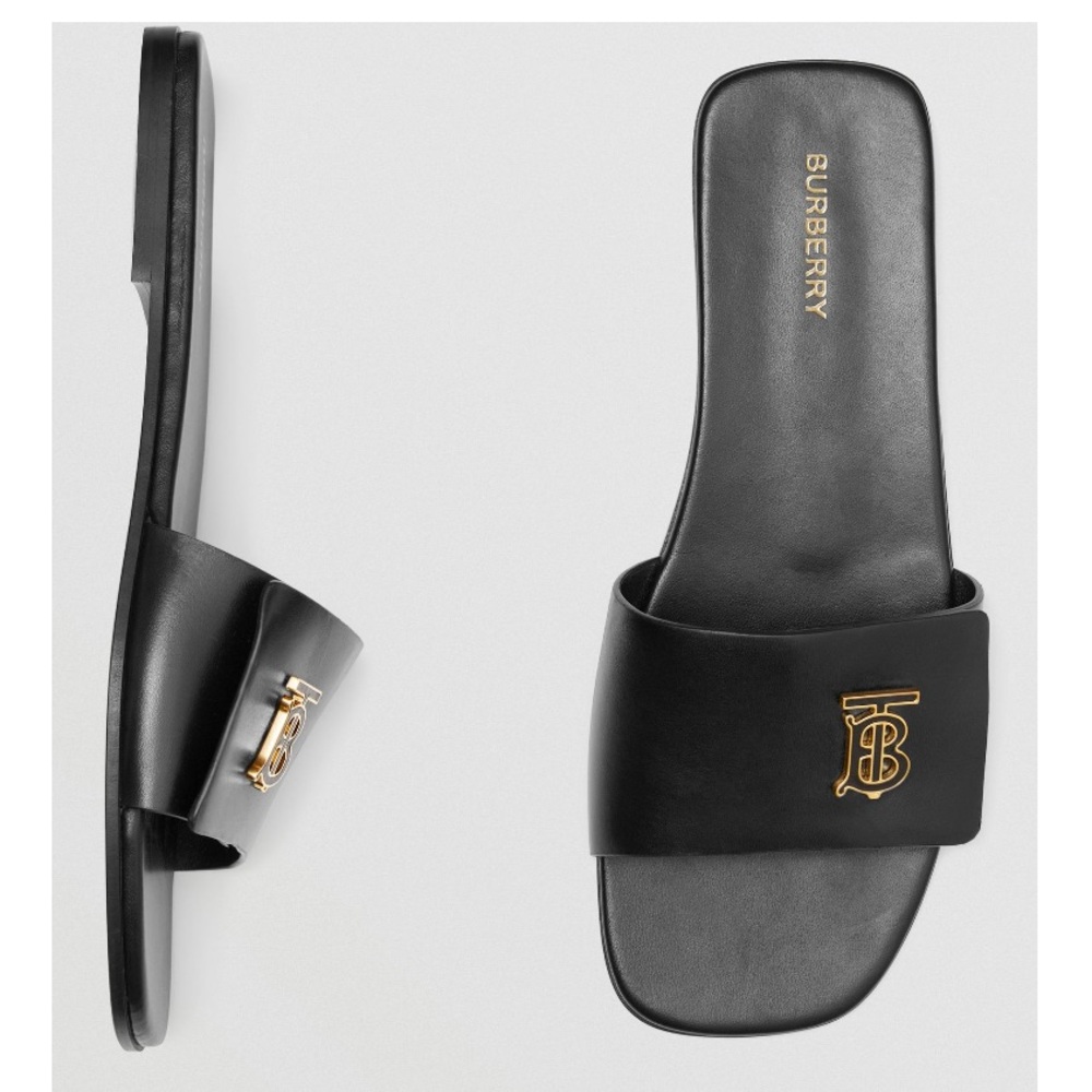 Burberry TB Logo Plaque Black Sandals Size 37